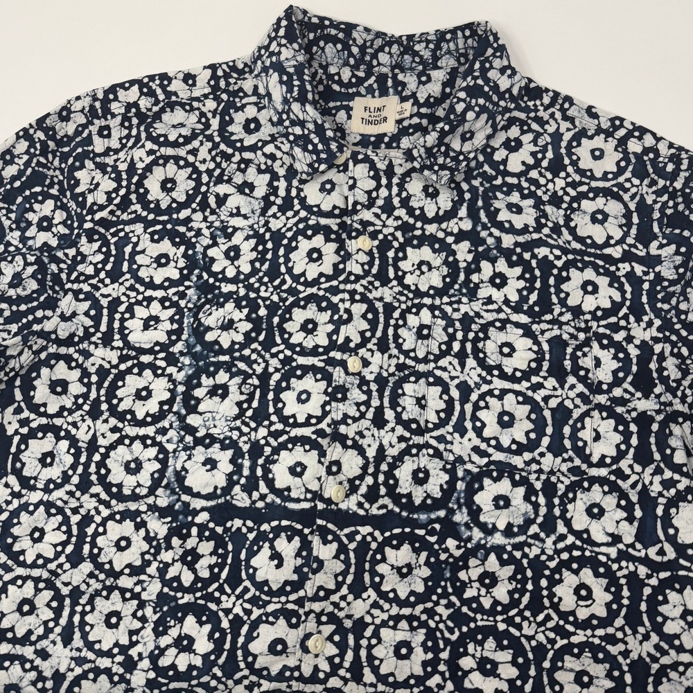 Flint and Tinder Mens Large Indigo Batik Floral Block Print Cotton Button Shirt‎